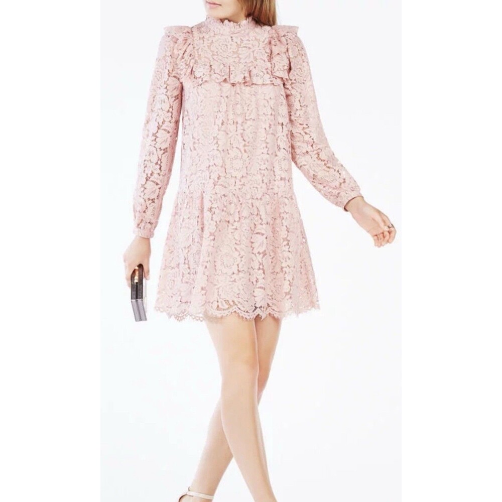 BCBGMAXAZRIA Leonora Lace Blocked Ruffle Mini Dress Blush Pink Long Sleeve Sz S